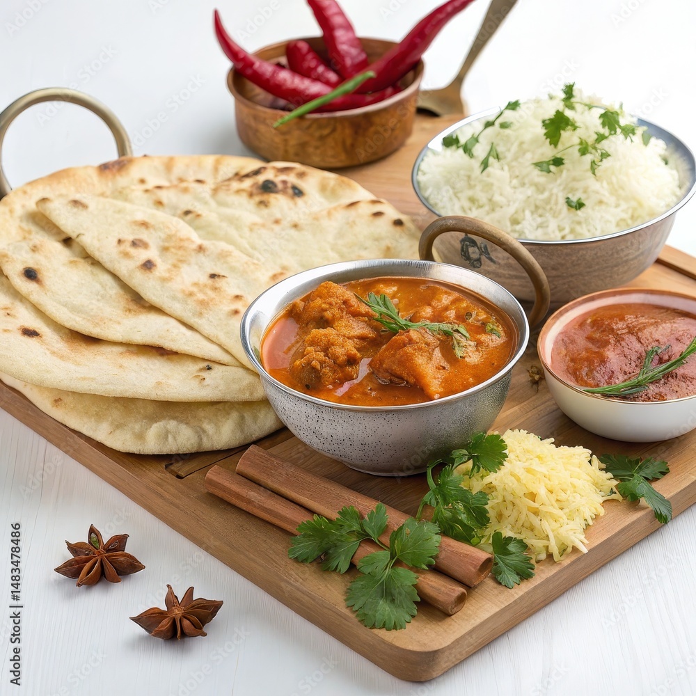 Indian Chicken Curry with Naan and Rice Composition, Food Photography, Spices, Aromatic, Delicious, Indian Cuisine Indian Food, Curry Indian Chicken Curry with Naan and Rice Composition, Food Photography, Spices, Aromatic, Delicious, Indian Cuisine Indian Food, Curry