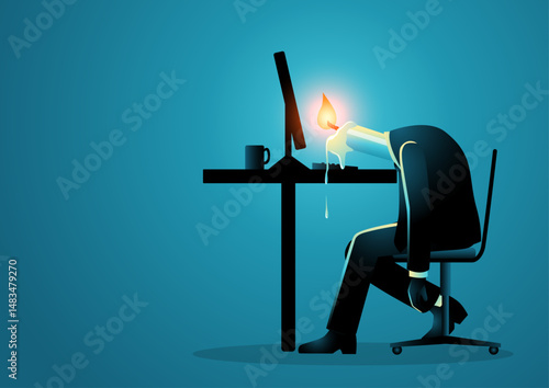 Burnout and overwork concept, businessman with melting candle head at desk.
