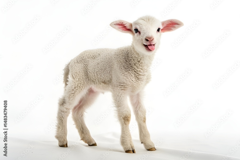 Realistic Stuffed Toy Lamb with Playful Expression on White Background Realistic Stuffed Toy Lamb with Playful Expression on White Background
