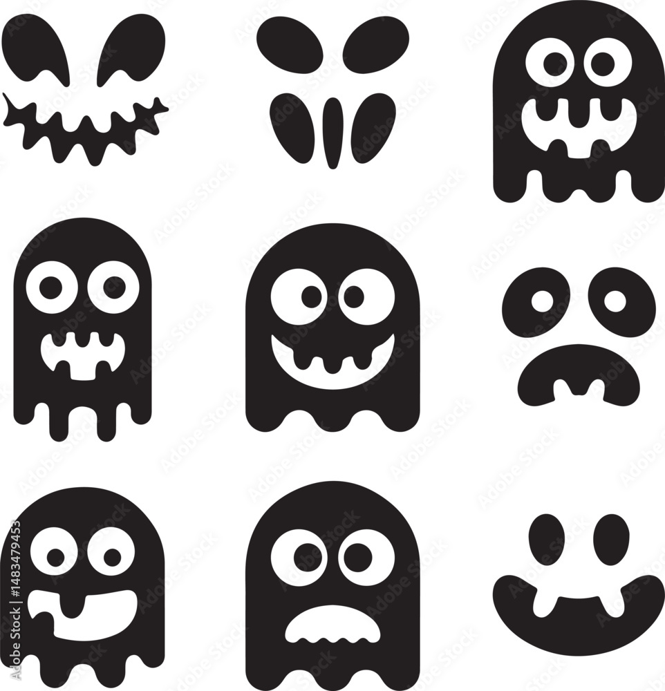 Halloween ghost silhouettes icon set collection of spooky faces Halloween ghost silhouettes icon set collection of spooky faces