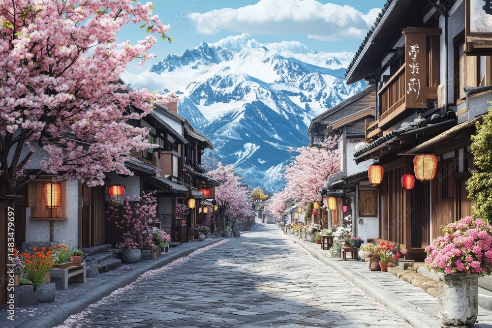 The Japanese village boasts a stunning cobblestone thoroughfare, accentuated by gorgeous flowers and the warm glow of traditional red lanterns The Japanese village boasts a stunning cobblestone thoroughfare, accentuated by gorgeous flowers and the warm glow of traditional red lanterns
