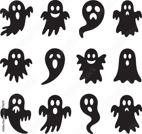 Twelve black halloween ghost silhouettes on white background cartoon vector illustration