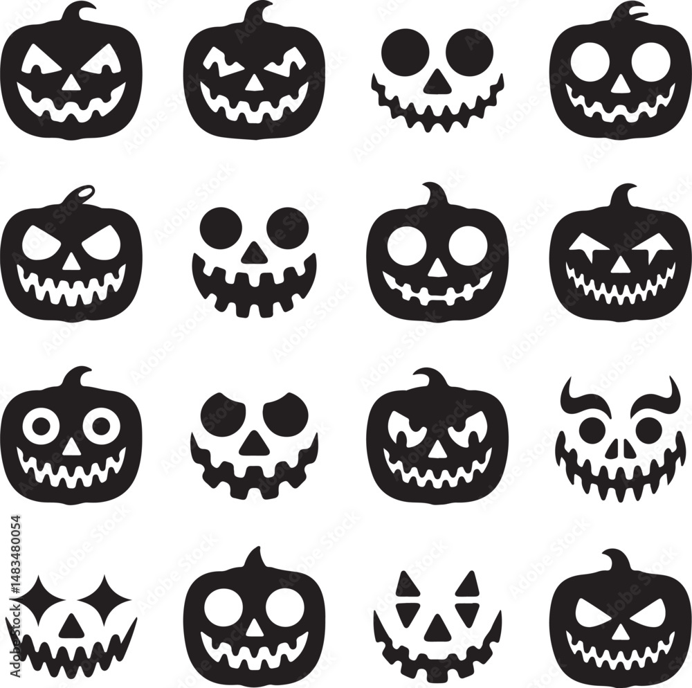 Black and white halloween pumpkin faces silhouette pattern for spooky season celebrations Black and white halloween pumpkin faces silhouette pattern for spooky season celebrations