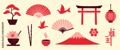 Japanese culture vector icon set with Mount Fuji, Torii gate, bonsai, fans, lantern, crane birds, cherry blossom, and traditional elements in red tones