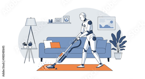 Robot vacuuming carpet in modern living room with furniture  