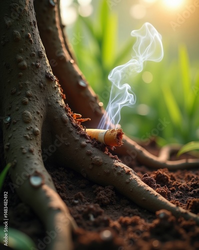 Cigarette Butt on a Root: A discarded cigarette butt smolders on a tree root, exhaling a plume of smoke against a backdrop of lush greenery.