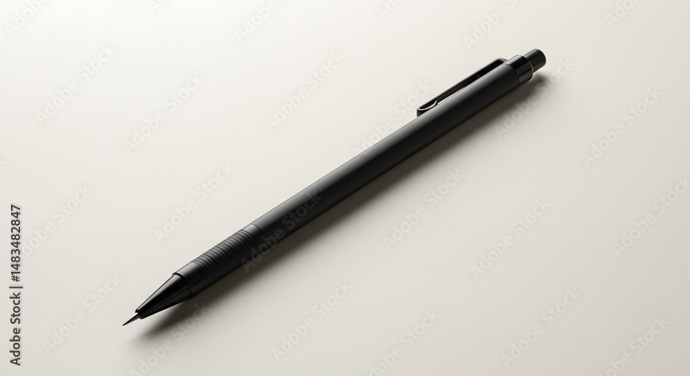 A simple black mechanical pencil lying diagonally on a white surface in soft light A simple black mechanical pencil lying diagonally on a white surface in soft light