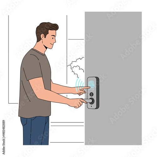 Young man using smart door lock with touchscreen technology  