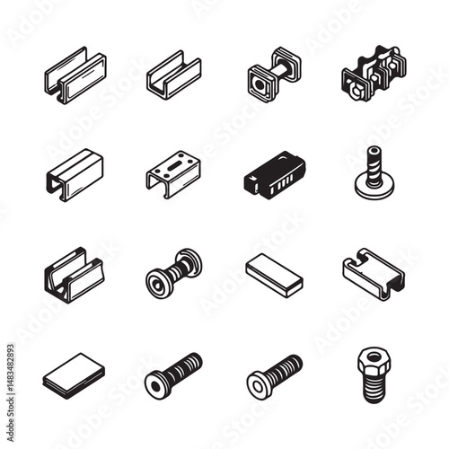 Isometric Mechanical Components and Hardware Icons Collection Vector White Background 

