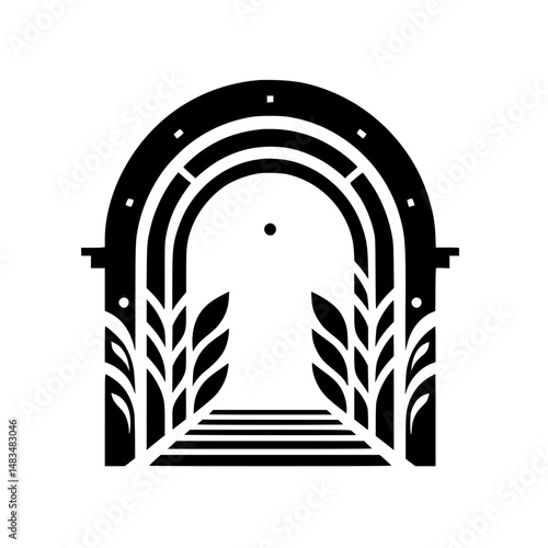 Minimalist Archway Icon with Foliage: Black and White Design