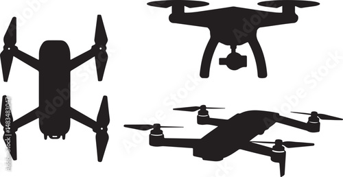 Drone Silhouette Set of Modern Drones – Top View and Side View Designs White Background 