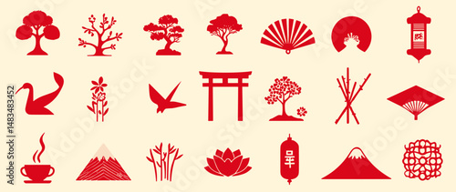 Japanese cultural icon set with Mount Fuji, Torii gate, cherry blossoms, cranes, fans, tea, lanterns, bamboo, and floral elements in red silhouette style
