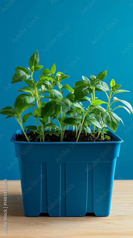 Obraz premium Young green basil seedlings flourish inside a square blue pot on the wooden table