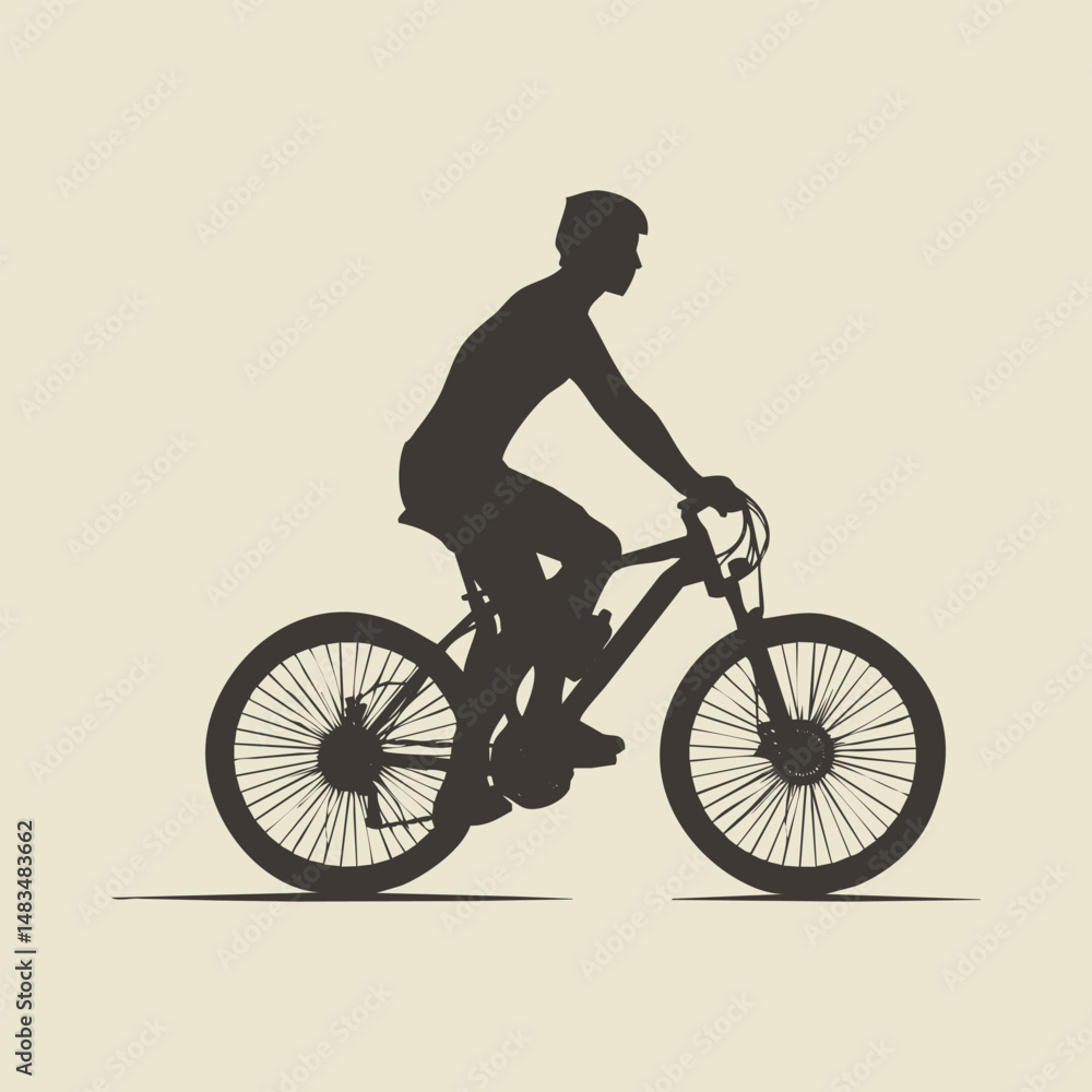 Fototapeta premium Silhouette of a cyclist riding a mountain bike on a cream colored background