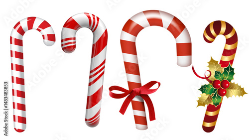 Set of festive red and white candy canes with ribbons and holly decoration isolated on white background