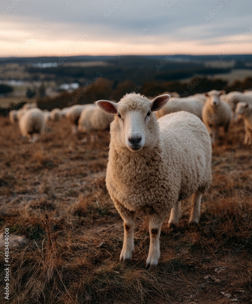 Obraz premium A close-up of a sheep standing in a field with a herd in the background