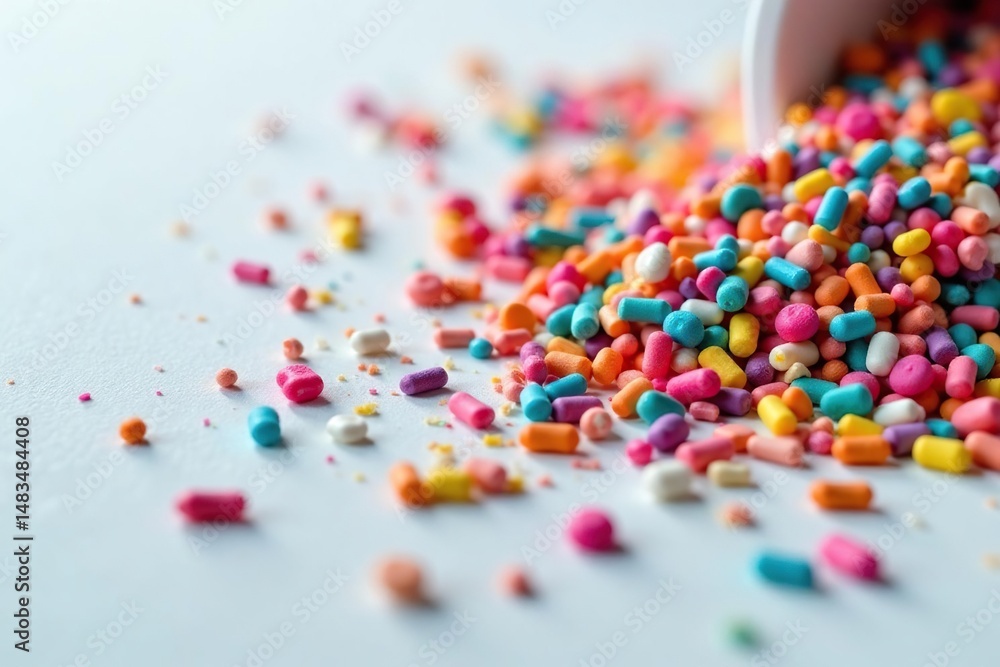 Close-up of broken rainbow sprinkles scattered on a surface, some whole, some in pieces , broken, crumb, confectionery Close-up of broken rainbow sprinkles scattered on a surface, some whole, some in pieces , broken, crumb, confectionery