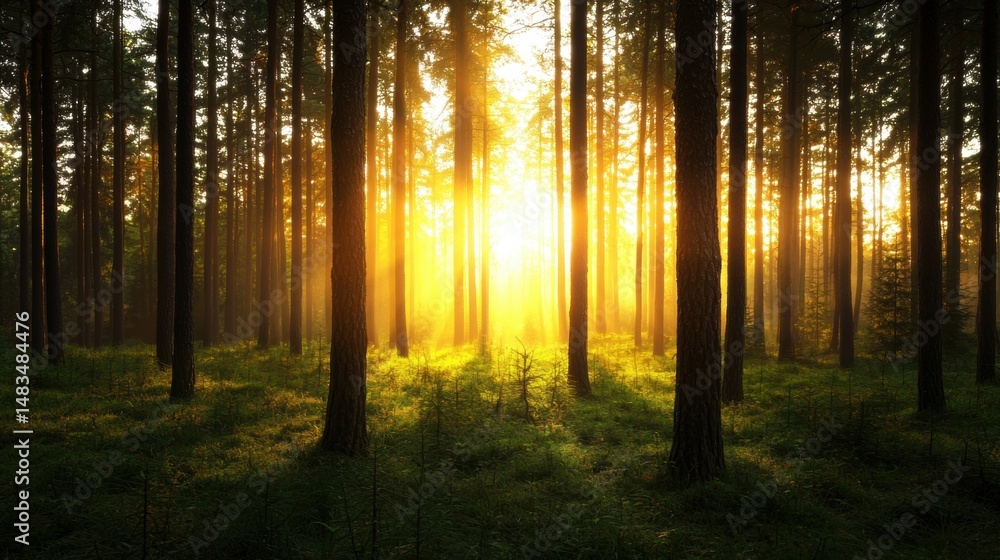 Fototapeta premium Sunlight filters through the trees, casting a warm glow on the forest floor.