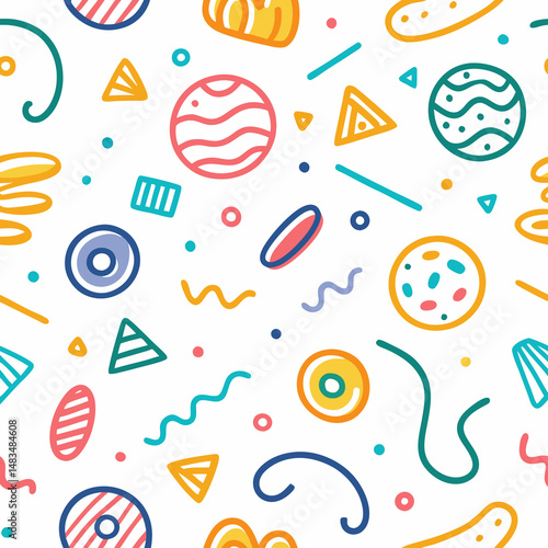 Fun, colorful abstract shapes create a playful pattern