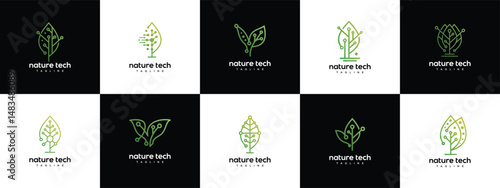 Green leaf technology logo design template collection. Nature leaf digital technology logo design vector icon
