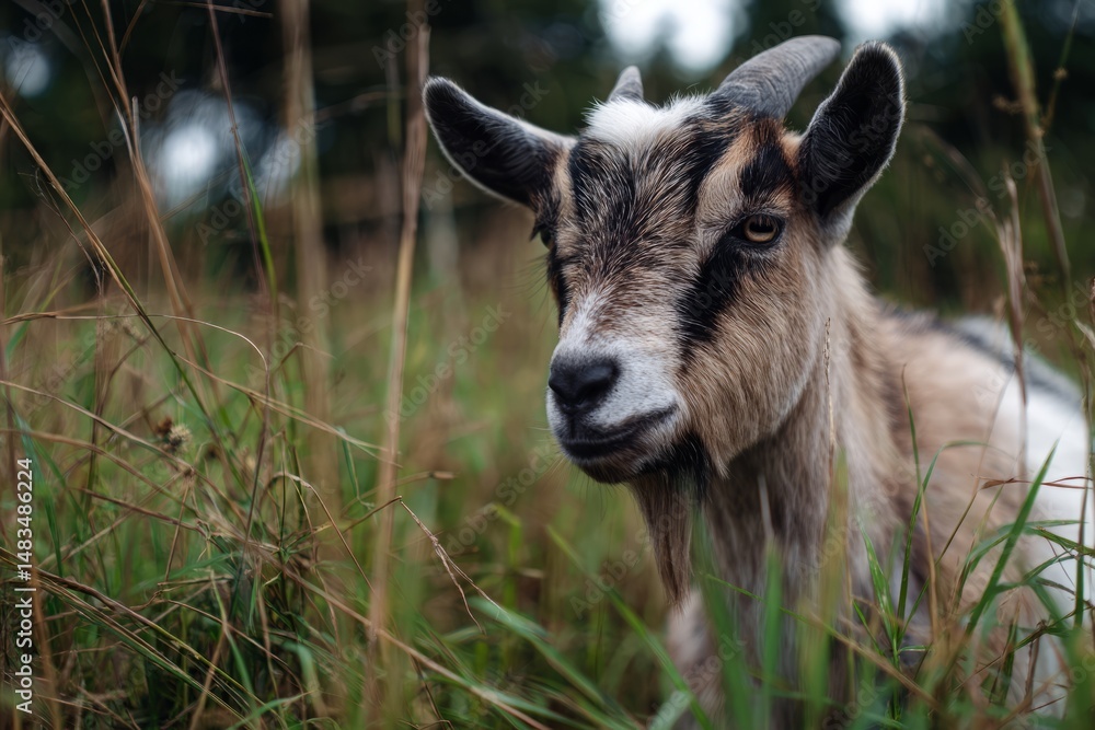 Obraz premium Close-up of a curious goat in a field of tall green grass, outdoors.