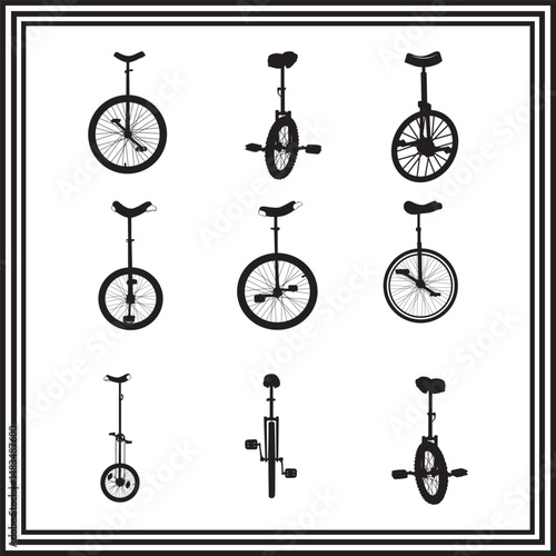 Unicycle silhouette collection – black vector illustrations of unicycles in various styles and views, minimal clipart set