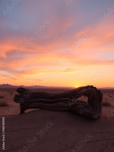 Petrified log at sunset in vast desert landscape.