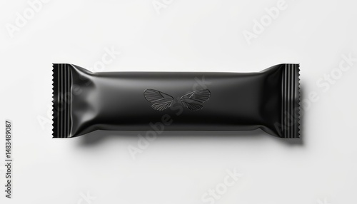 Black chocolate bar in minimalist packaging on light background  
