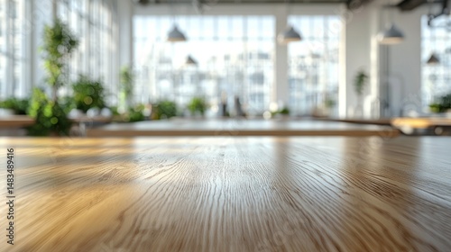Wallpaper Mural Sunlit wooden table in a bright, modern office space with blurred background of plants and windows Torontodigital.ca