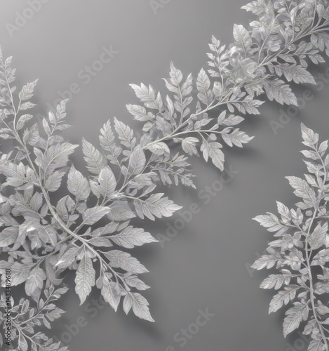 Shimmering silver leaf border, delicate lace detailing, elegant foliage pattern ,  detail,  ornate
