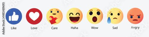 Vector Emoji Set with Different Reactions for Social Network Facebook emoticon buttons Isolated on White Background. Modern Emoticons Collection in Flat Style Design
