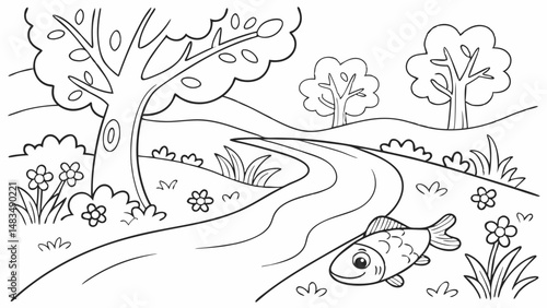 Coloring Page Outline Of a cartoon Cute cartoon river. Coloring pages for kids