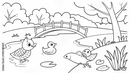 Coloring Page Outline Of a cartoon Cute cartoon river. Coloring pages for kids