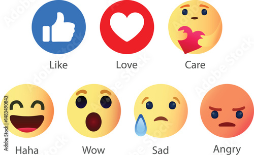 Official Facebook Reactions Vector. Facebook Social Reaction Emojis. Collection of Emoji Reactions for Social Network.
