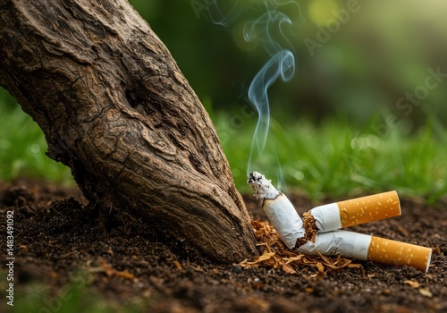 Smoke and Ashes: a photo featuring a close-up shot of cigarette butts with visible smoke resting on the soil near a tree trunk, evoking strong sentiments about nature and health.