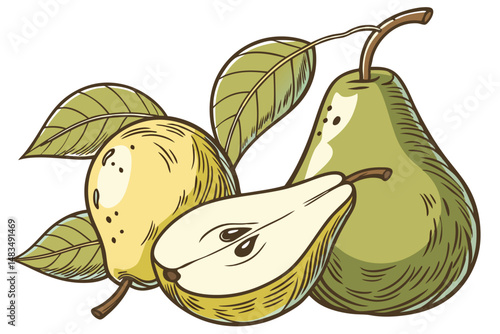 116 2 photorealistic pears, vibrant yellow and green, glossy surface, leaves, detailed, high resolution, 8k, digital art