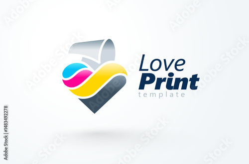 Logo Love Print theme. Cmyk Heart and Paper Printing. Template design vector. White background