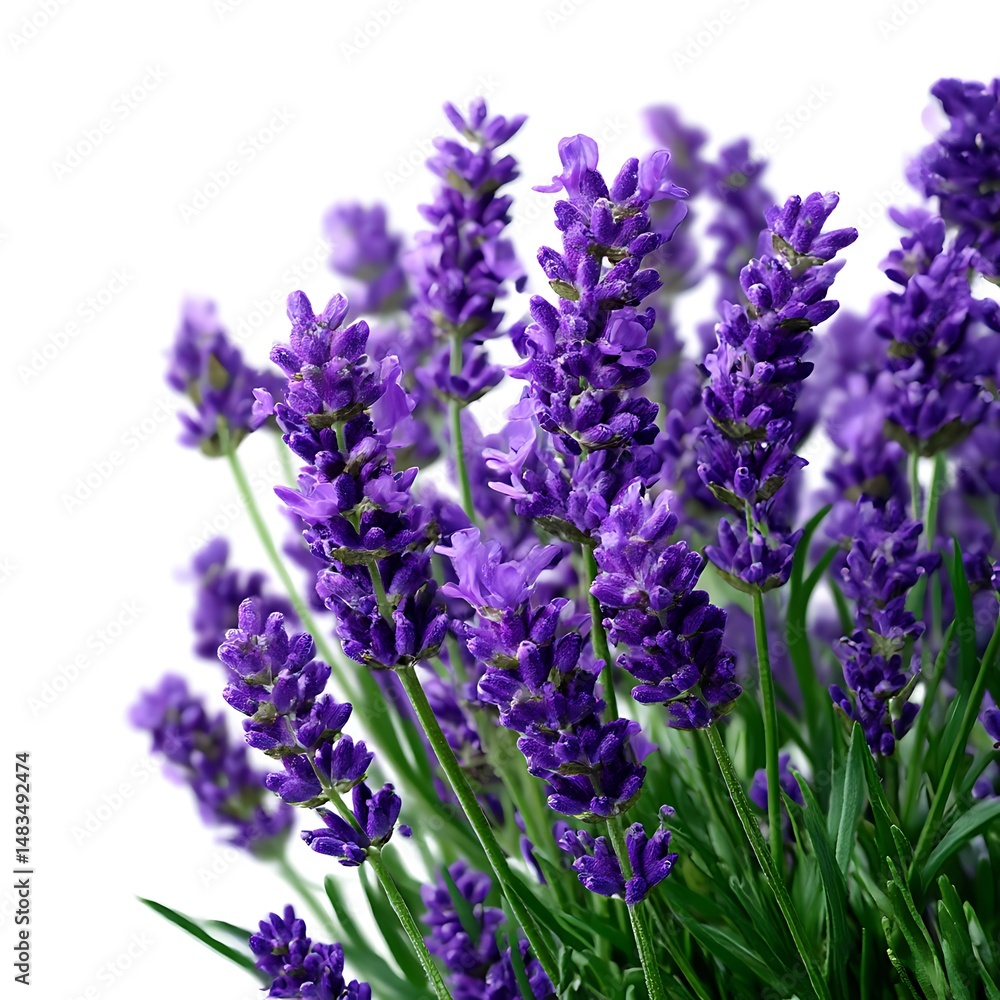 Fototapeta premium A close-up view of lavender flowers with purple blossoms, isolated against a clean white background