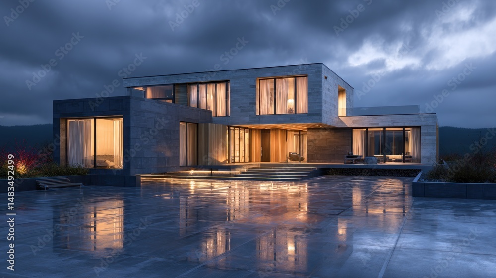 Fototapeta premium Modern luxury home at twilight, illuminated exterior, reflecting in wet pavement