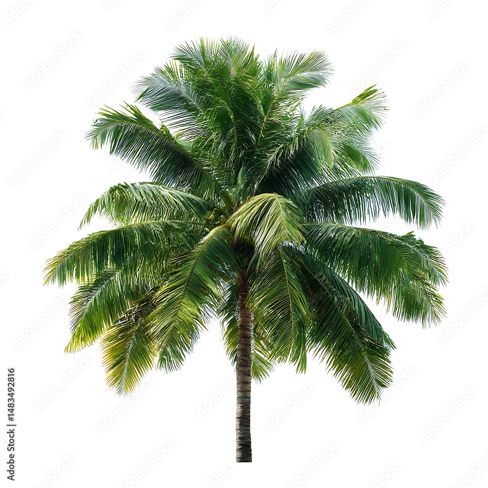 Fototapeta premium A coconut palm tree with green fronds is isolated on a plain white background