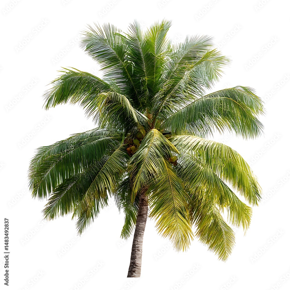 Fototapeta premium A coconut palm tree with green fronds is isolated on a plain white background