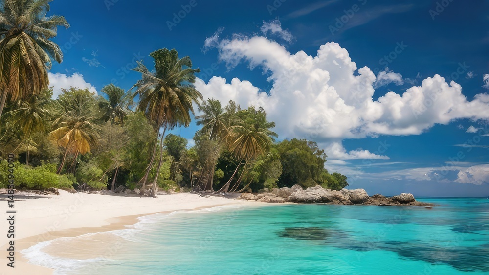 Fototapeta premium Beautiful tropical beach scene featuring palm trees white sand and turquoise waters under blue sky