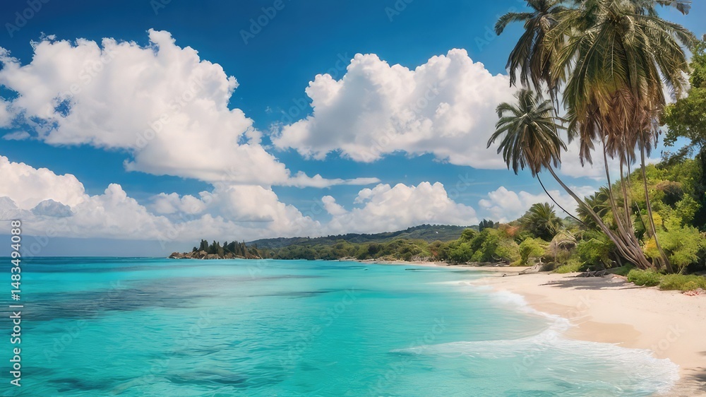 Beautiful tropical beach scenery featuring white sand turquoise water and lush palm trees on a sunny day Beautiful tropical beach scenery featuring white sand turquoise water and lush palm trees on a sunny day