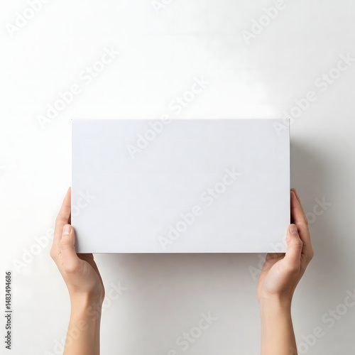 Hands Holding White Plain Shoes Box Against White Background
