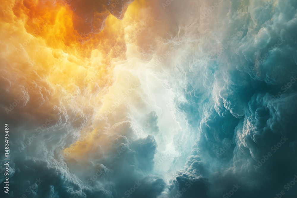 sky is filled with clouds of different colors, creating a beautiful and serene atmosphere. The blue and yellow clouds blend together, creating a sense of harmony and balance sky is filled with clouds of different colors, creating a beautiful and serene atmosphere. The blue and yellow clouds blend together, creating a sense of harmony and balance