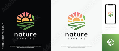 farmland landscape logo design. Hexagon farmland landscape logo template. Farm logo symbol icon