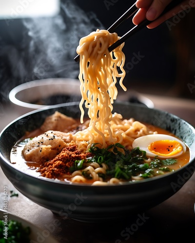 Ramen noodles being lifted with chopsticks.