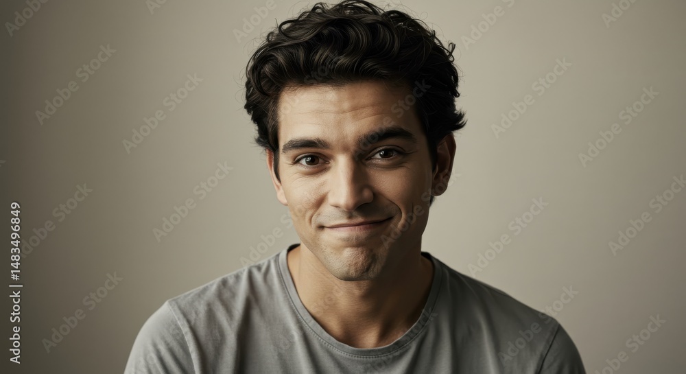 Obraz premium Smiling young man in casual attire against a neutral background, exuding warmth