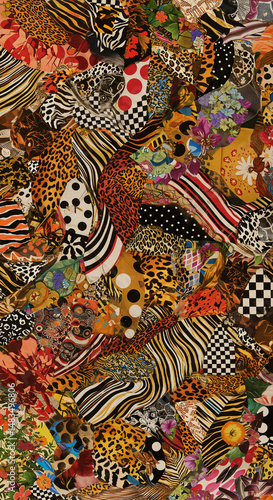 Wallpaper Mural A high-energy digital collage with clashing animal prints, florals, polka dots, stripes, checkerboards, and layered fabrics in vivid colors. The image bursts with intentional visual dissonance. Torontodigital.ca