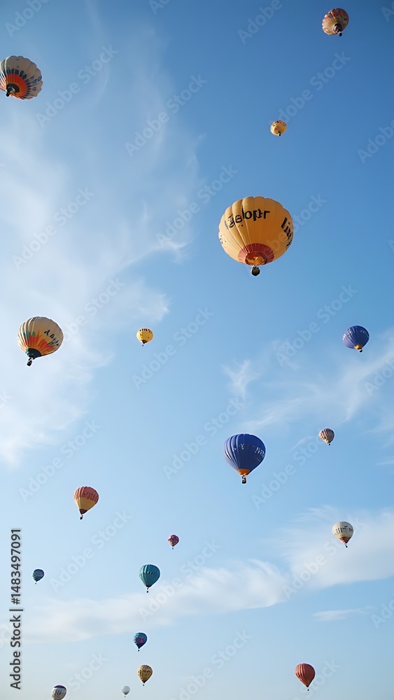 Fototapeta premium Colorful Balloons Ascending, Clear Blue Sky